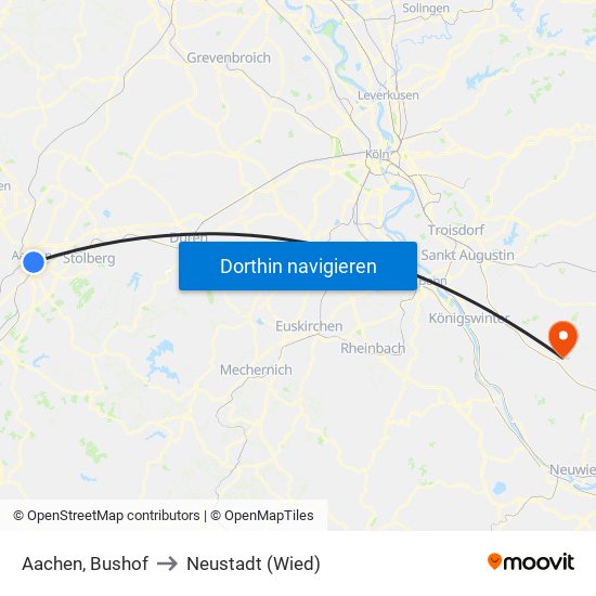 Aachen, Bushof to Neustadt (Wied) map