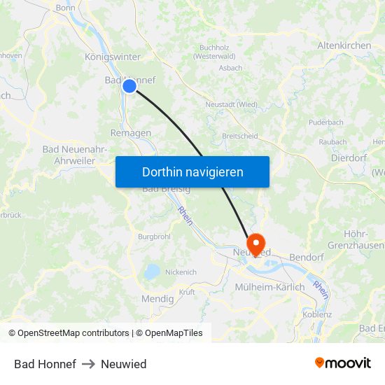 Bad Honnef to Neuwied map