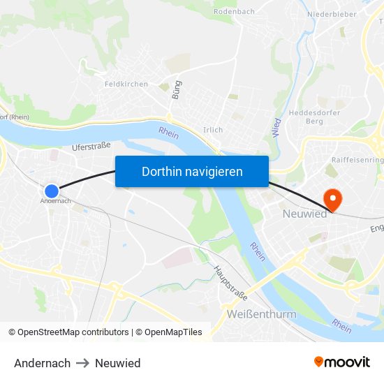 Andernach to Neuwied map