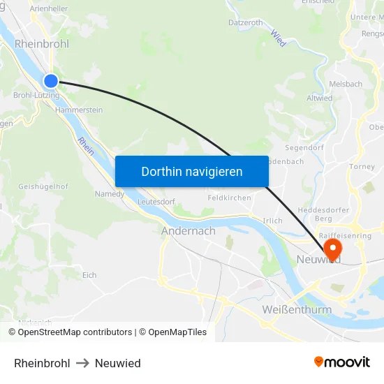 Rheinbrohl to Neuwied map