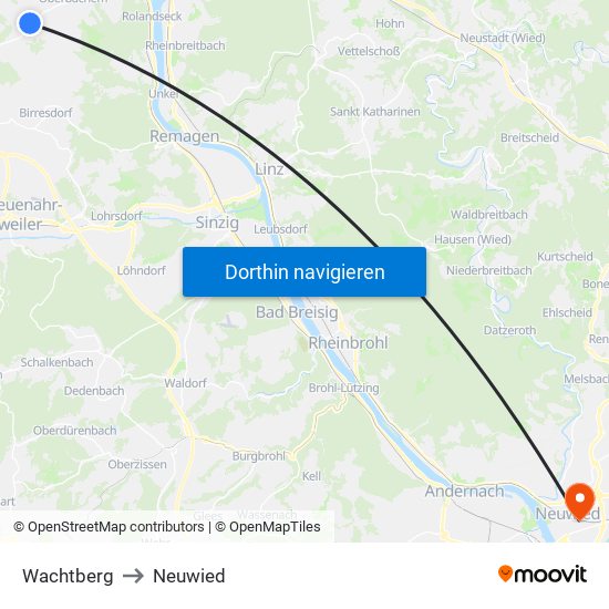 Wachtberg to Neuwied map