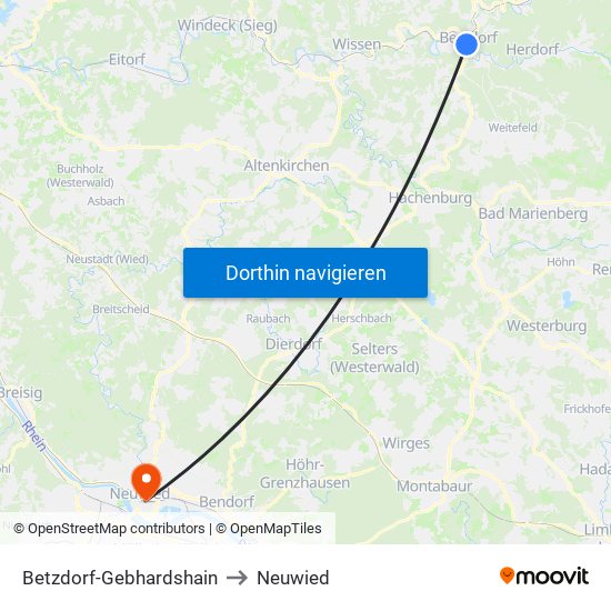 Betzdorf-Gebhardshain to Neuwied map