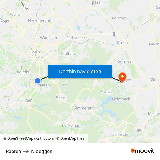 Raeren to Nideggen map