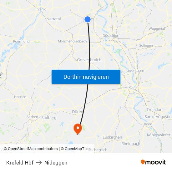 Krefeld Hbf to Nideggen map