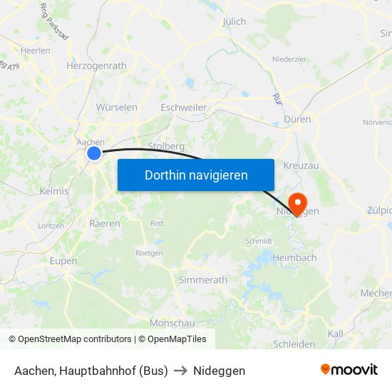 Aachen, Hauptbahnhof (Bus) to Nideggen map
