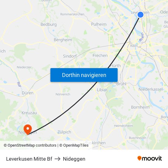 Leverkusen Mitte Bf to Nideggen map