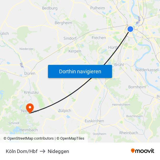 Köln Dom/Hbf to Nideggen map
