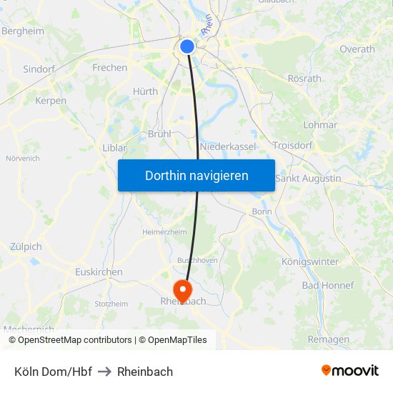 Köln Dom/Hbf to Rheinbach map