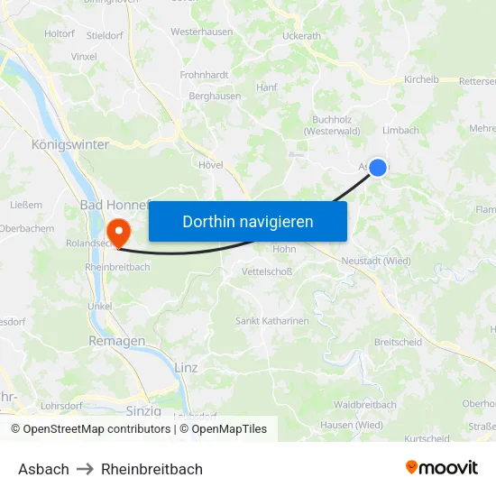 Asbach to Rheinbreitbach map