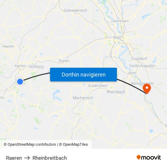 Raeren to Rheinbreitbach map