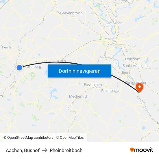 Aachen, Bushof to Rheinbreitbach map