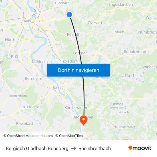 Bergisch Gladbach Bensberg to Rheinbreitbach map