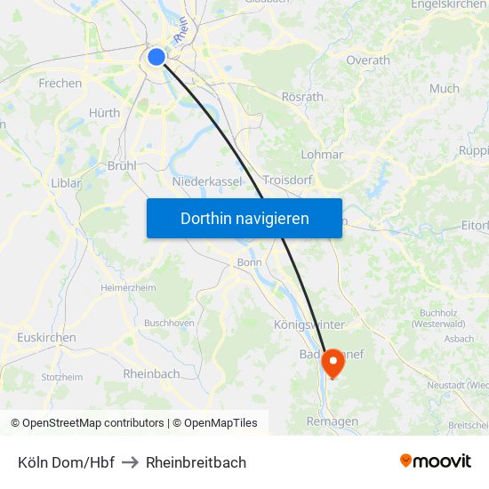 Köln Dom/Hbf to Rheinbreitbach map