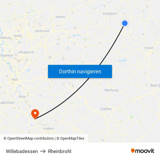 Willebadessen to Rheinbrohl map