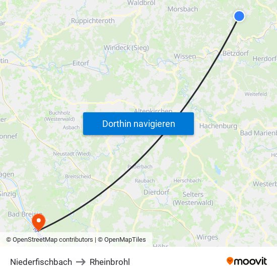 Niederfischbach to Rheinbrohl map