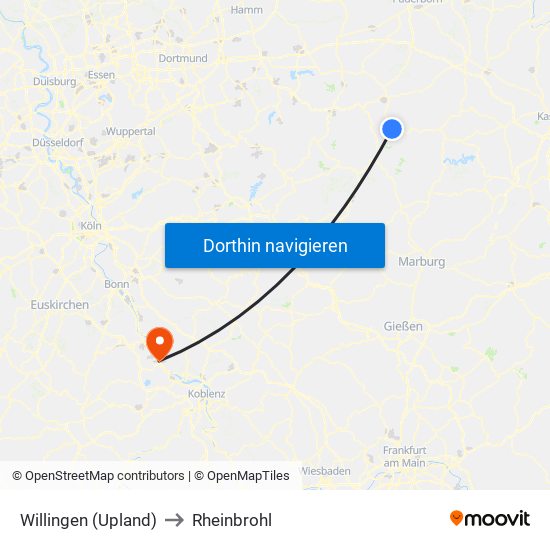 Willingen (Upland) to Rheinbrohl map