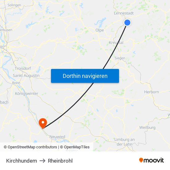 Kirchhundem to Rheinbrohl map