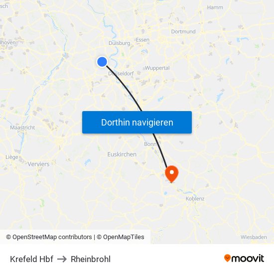 Krefeld Hbf to Rheinbrohl map