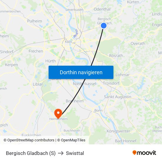 Bergisch Gladbach (S) to Swisttal map