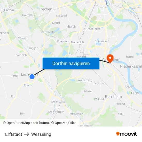 Erftstadt to Wesseling map