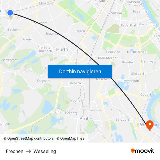 Frechen to Wesseling map