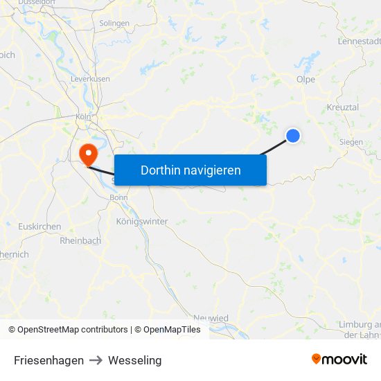 Friesenhagen to Wesseling map