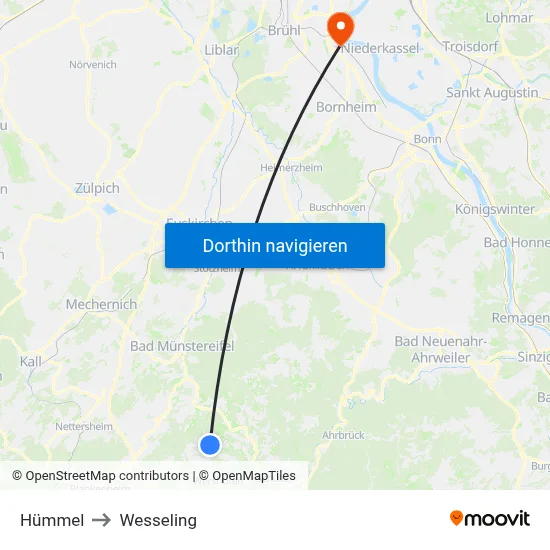 Hümmel to Wesseling map