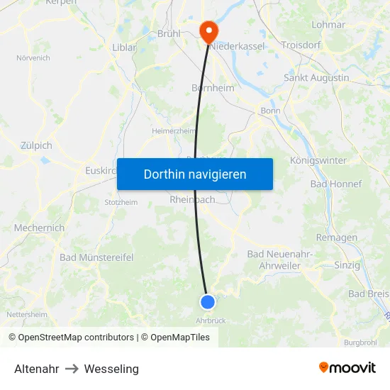 Altenahr to Wesseling map