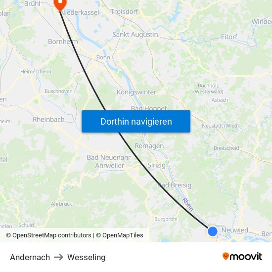 Andernach to Wesseling map