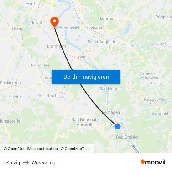 Sinzig to Wesseling map