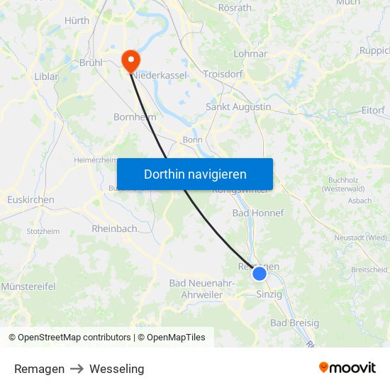 Remagen to Wesseling map