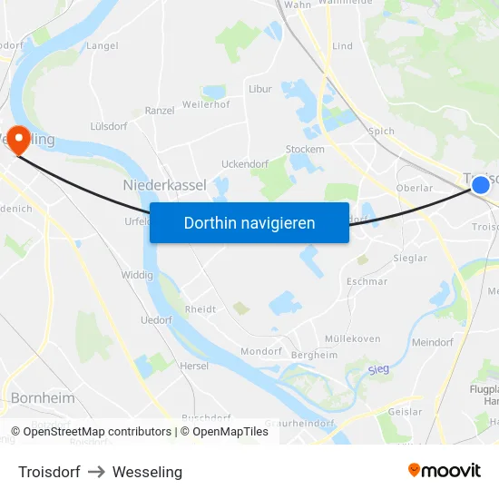 Troisdorf to Wesseling map