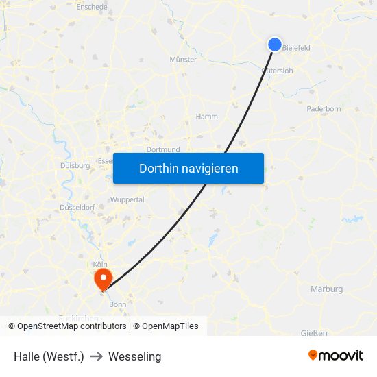 Halle (Westf.) to Wesseling map