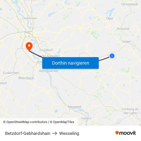 Betzdorf-Gebhardshain to Wesseling map