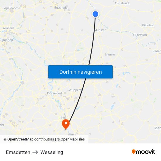 Emsdetten to Wesseling map