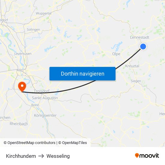 Kirchhundem to Wesseling map