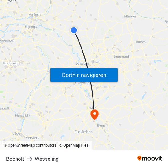 Bocholt to Wesseling map