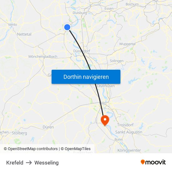 Krefeld to Wesseling map