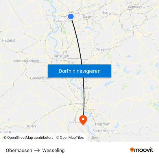 Oberhausen to Wesseling map