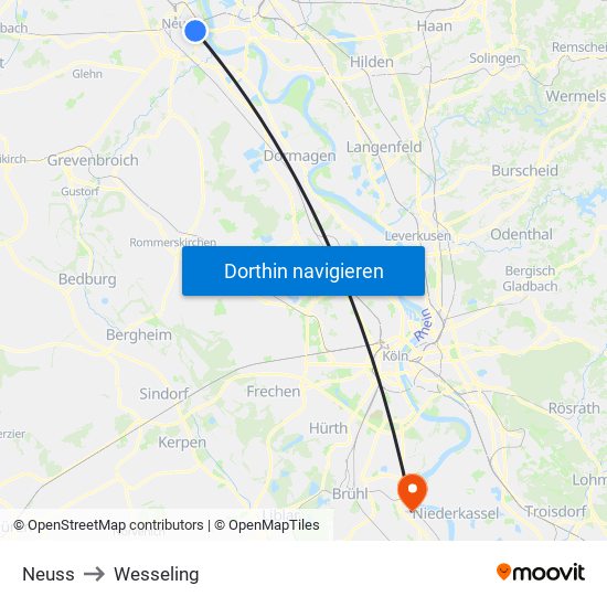 Neuss to Wesseling map