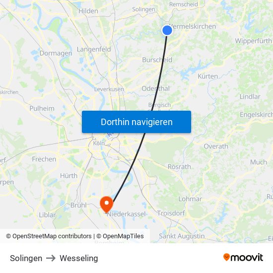 Solingen to Wesseling map