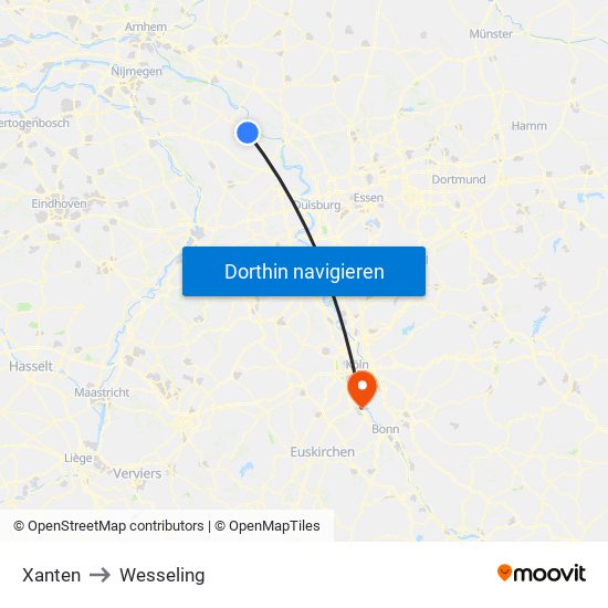 Xanten to Wesseling map