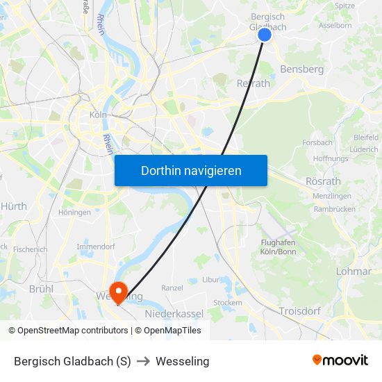 Bergisch Gladbach (S) to Wesseling map