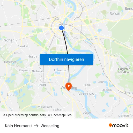 Köln Heumarkt to Wesseling map