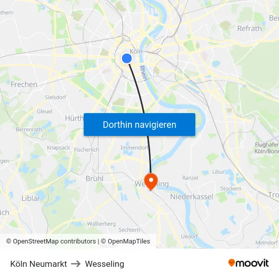 Köln Neumarkt to Wesseling map