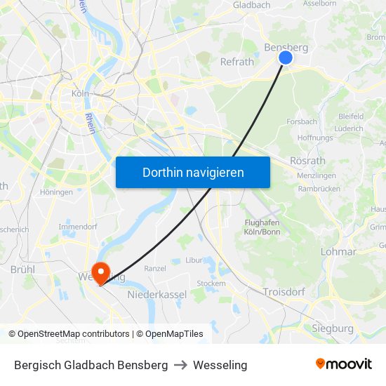 Bergisch Gladbach Bensberg to Wesseling map