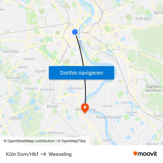 Köln Dom/Hbf to Wesseling map