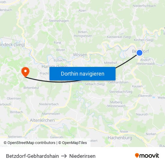 Betzdorf-Gebhardshain to Niederirsen map