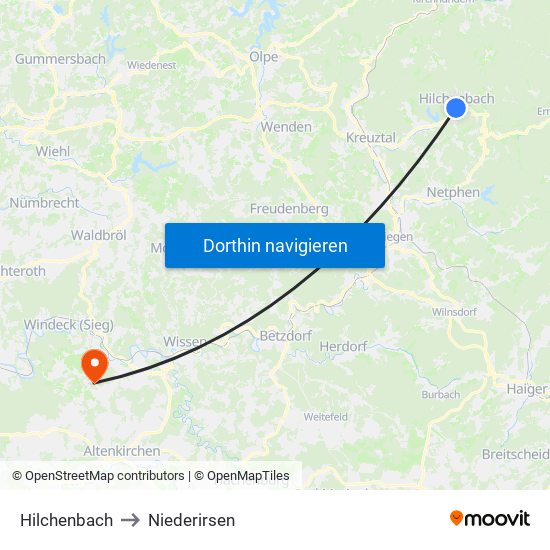 Hilchenbach to Niederirsen map