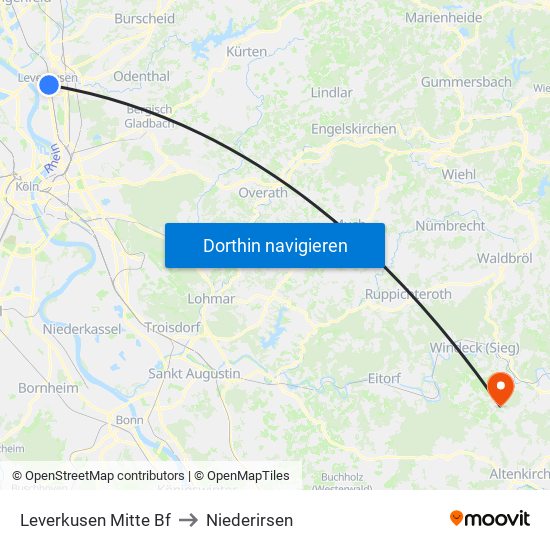 Leverkusen Mitte Bf to Niederirsen map